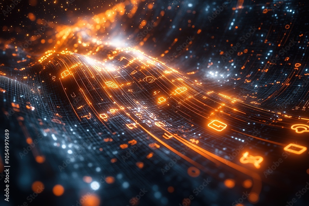 Fototapeta premium Abstract digital data wave with glowing icons.