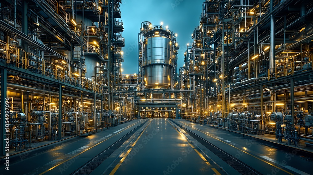 Obraz premium Industrial facility with illuminated machinery and empty road under dramatic sky.