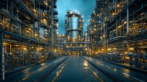 Industrial facility with illuminated machinery and empty road under dramatic sky.