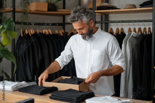 A gray-haired man folds black clothes in a modern retail store environment, reflecting themes of organization, style, fashion, and meticulous care.