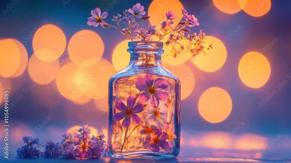 Vibrant wildflowers in a glass bottle, glowing under soft, warm lighting. Vibrant wildflowers in a glass bottle, glowing under soft, warm lighting.