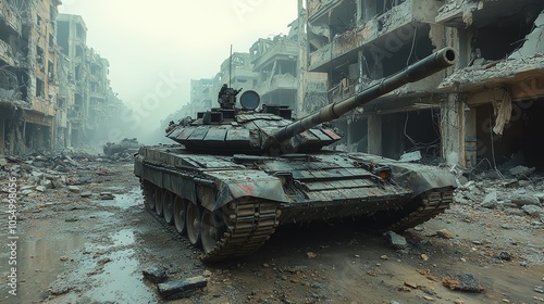 Military tank in a war-torn urban landscape with damaged buildings.