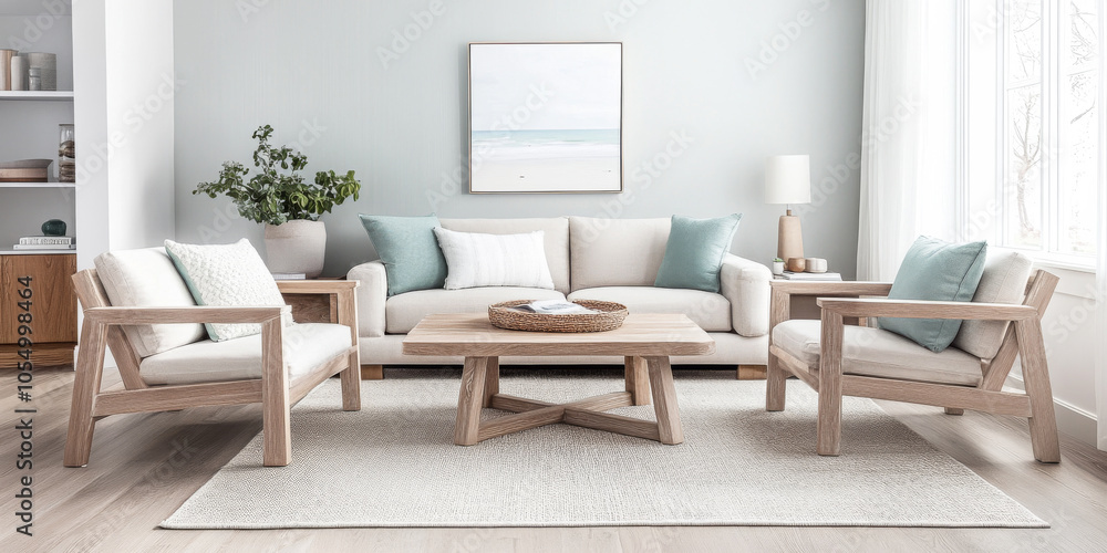 Stylish and modern living room featuring light-colored furniture and natural decor elements Stylish and modern living room featuring light-colored furniture and natural decor elements