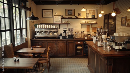 Vintage-inspired cafe with wooden furniture, classic coffee counter, and a warm, inviting