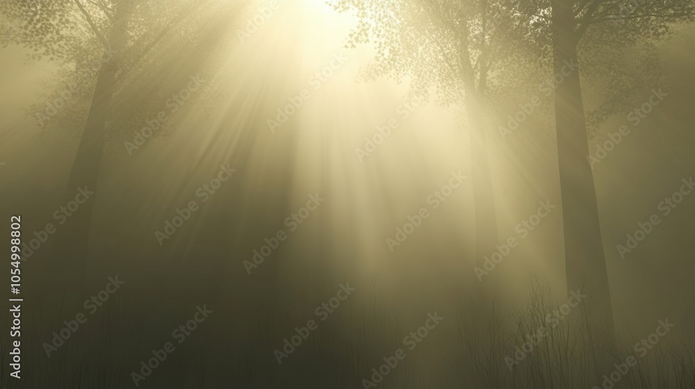 A misty forest bathed in soft sunlight with light filtering through the branches, leaving an open space for text. A misty forest bathed in soft sunlight with light filtering through the branches, leaving an open space for text.