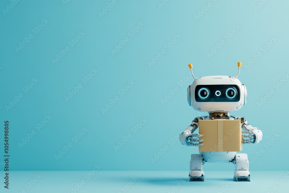 A cute white robot with blue eyes holding a small box, set against a plain blue background, conveys technology, automation, and futuristic concepts in a playful manner. A cute white robot with blue eyes holding a small box, set against a plain blue background, conveys technology, automation, and futuristic concepts in a playful manner.