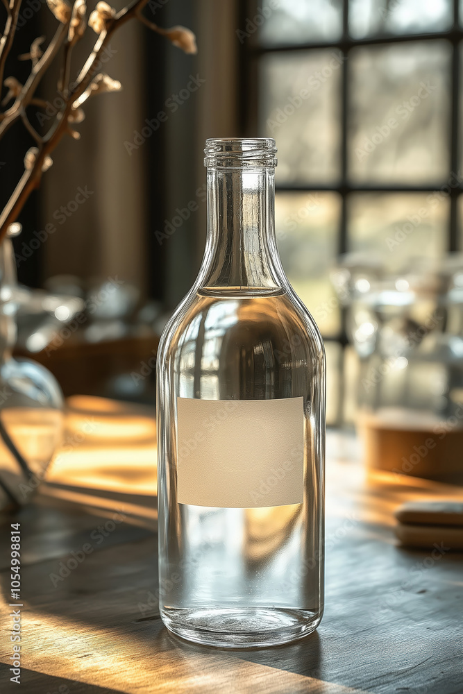 Clear glass bottle with blank label showing packaging design Clear glass bottle with blank label showing packaging design