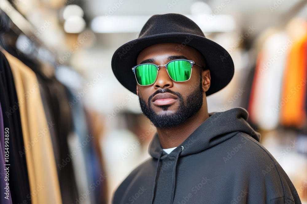 A fashionable man with a beard wearing a hat and reflective sunglasses poses confidently among clothing racks, blending upscale urban style with modern aesthetics. A fashionable man with a beard wearing a hat and reflective sunglasses poses confidently among clothing racks, blending upscale urban style with modern aesthetics.