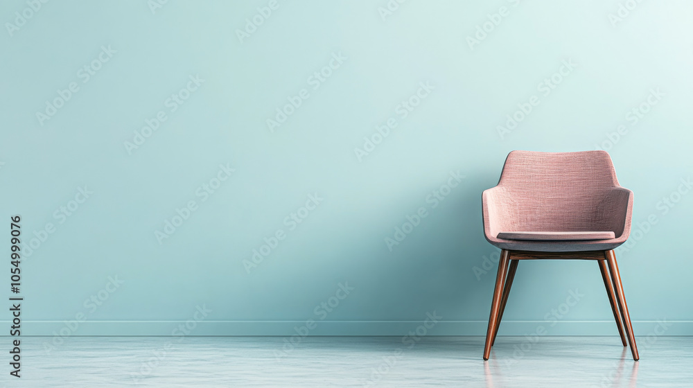 Modern chair set against a light blue wall in a minimalist interior design setting Modern chair set against a light blue wall in a minimalist interior design setting