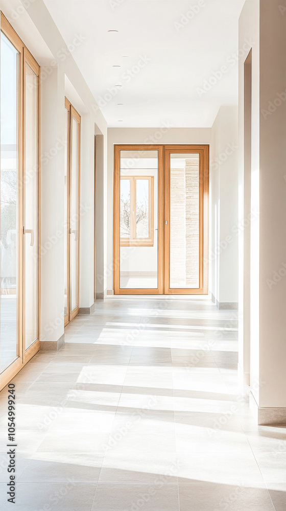 Fototapeta premium Bright hallway with wooden doors and natural light in a modern building