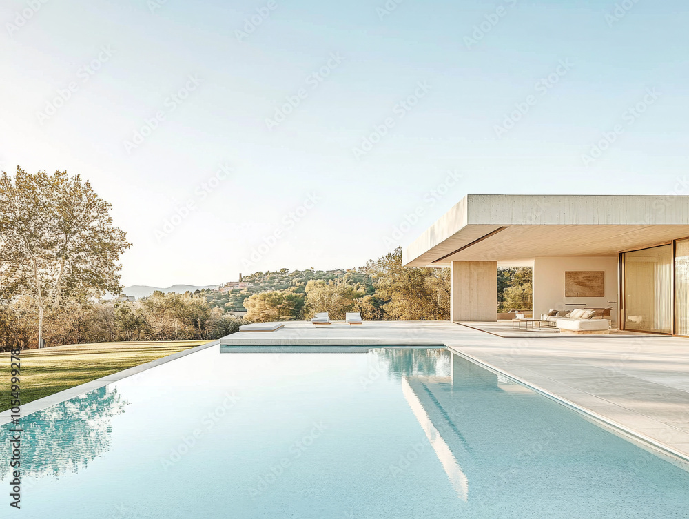 Fototapeta premium Modern villa with a serene pool and lush landscape in the countryside at sunset