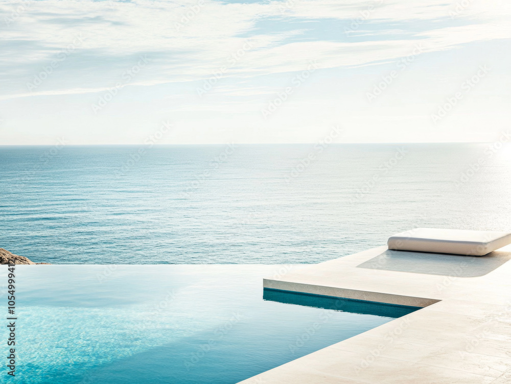A serene infinity pool overlooking the ocean at sunrise in a tranquil coastal setting A serene infinity pool overlooking the ocean at sunrise in a tranquil coastal setting