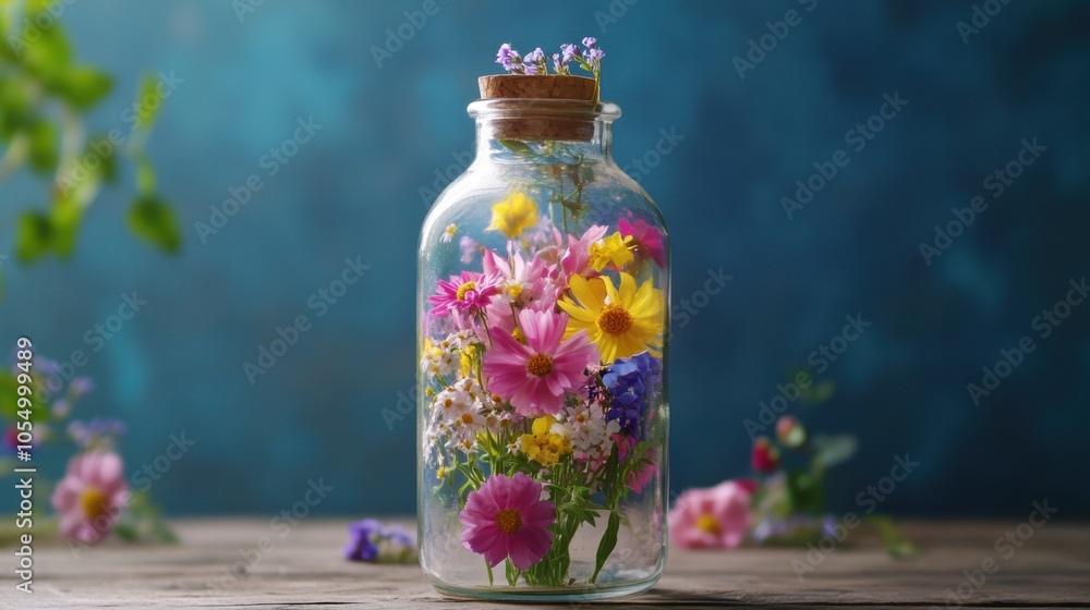 Wildflowers in a glass bottle, with petals in shades of pink, Wildflowers in a glass bottle, with petals in shades of pink,