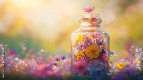 Wildflowers in a glass bottle, with petals in shades of pink,