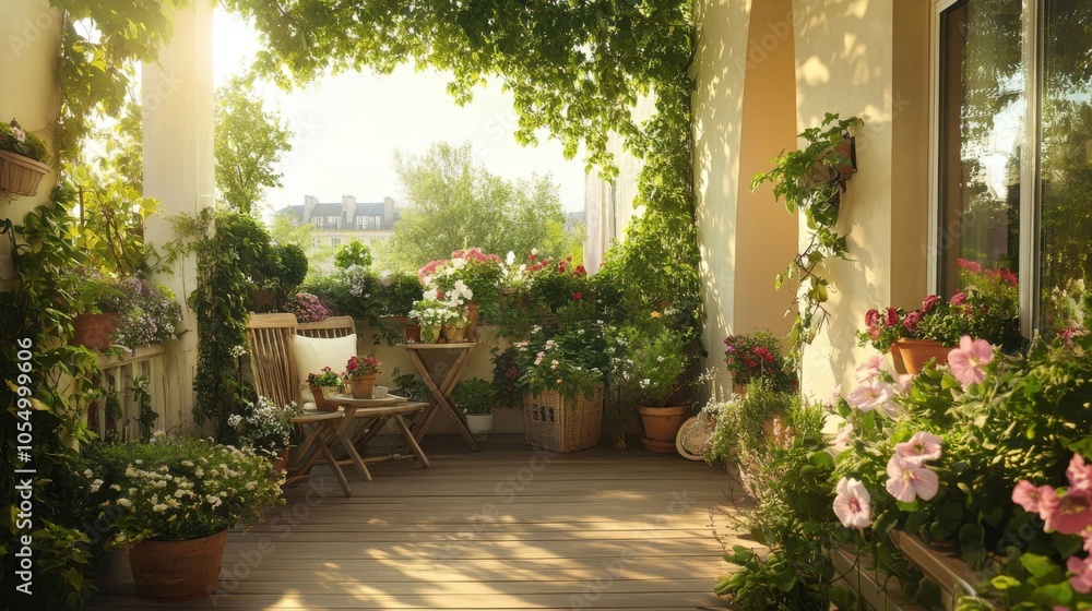 A beautiful terrace with light wood floors, adorned with lush greenery and flowers on the A beautiful terrace with light wood floors, adorned with lush greenery and flowers on the