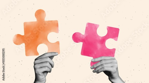 Motion collage video of hands hold puzzle element jigsaw team building match concept plan business project 
