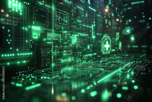 Abstract digital healthcare interface with glowing green lines and medical symbols.