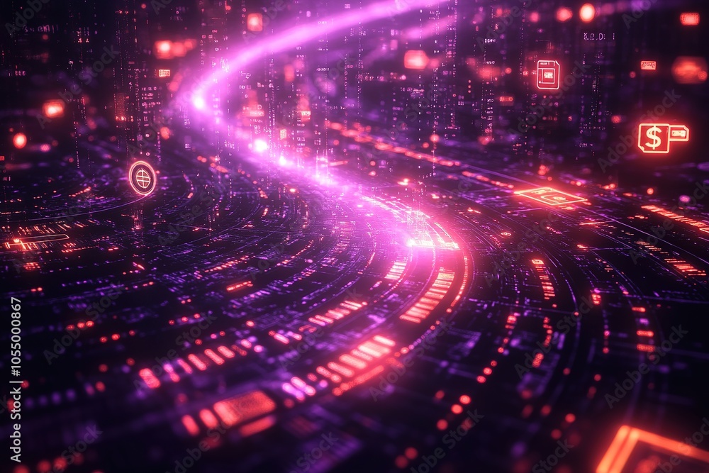 Abstract digital highway with glowing pink light and red icons. Abstract digital highway with glowing pink light and red icons.