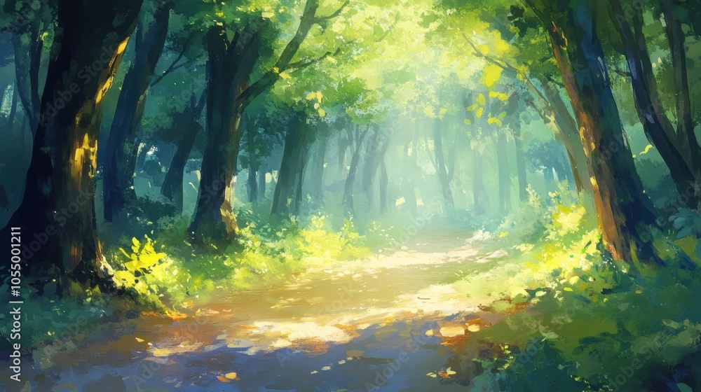A peaceful forest bathed in soft light with sunlight filtering through the leaves, leaving a serene space for text. A peaceful forest bathed in soft light with sunlight filtering through the leaves, leaving a serene space for text.