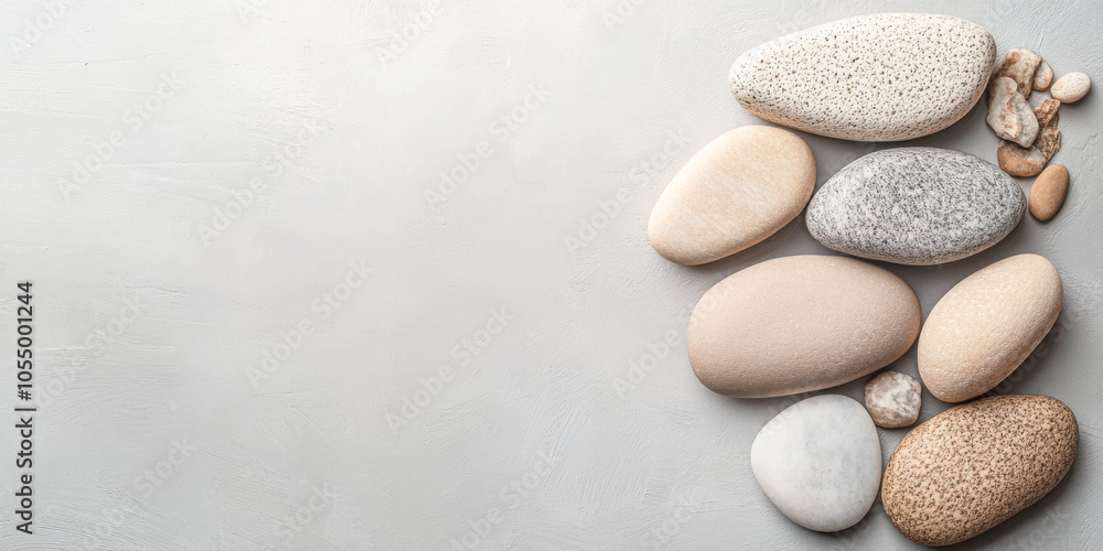 Natural stones arranged artistically on a textured surface for a serene decorative display Natural stones arranged artistically on a textured surface for a serene decorative display
