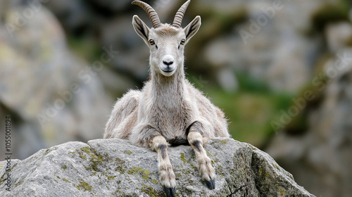 Goat is standing on a rocky hillside. The goat is looking at the camera and he is curious