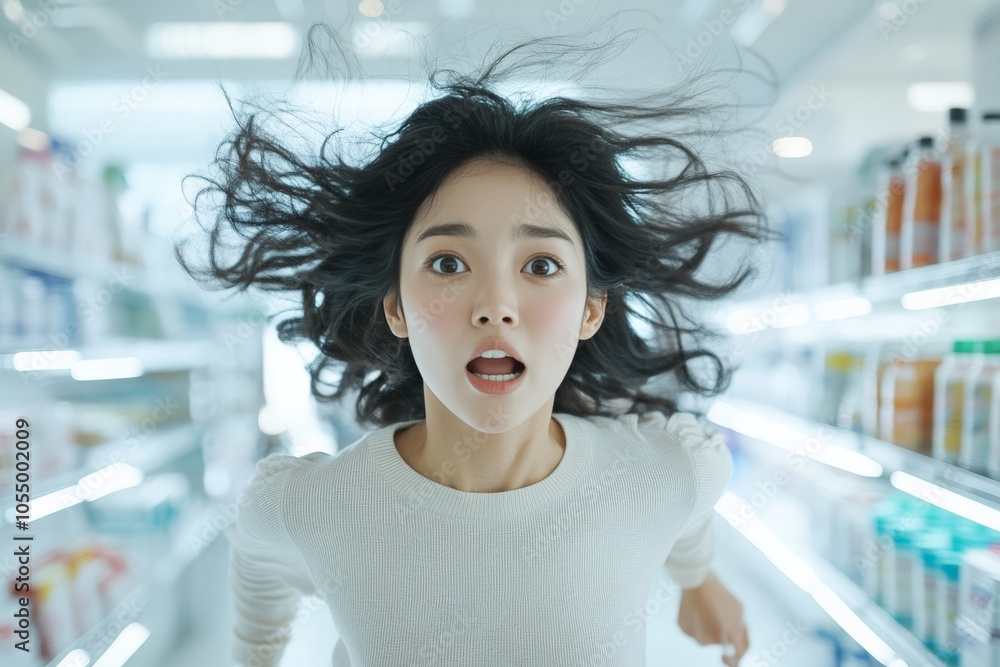 A young woman with an expression of surprise runs through a brightly lit grocery store aisle, surrounded by neatly arranged products, conveying urgency and motion. A young woman with an expression of surprise runs through a brightly lit grocery store aisle, surrounded by neatly arranged products, conveying urgency and motion.
