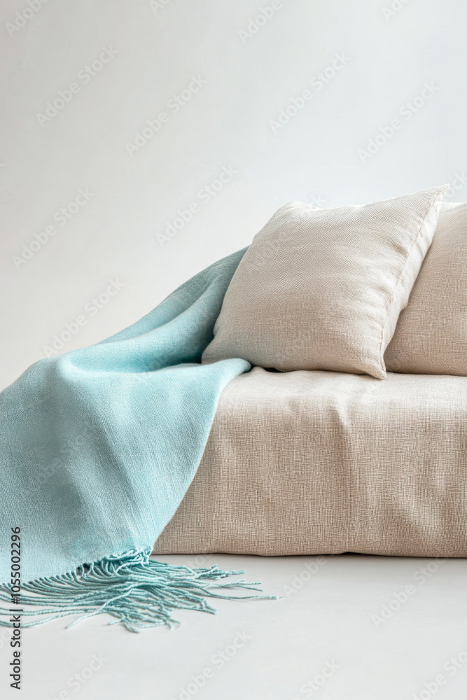 Cozy living room setup with soft beige cushions and a light blue throw blanket Cozy living room setup with soft beige cushions and a light blue throw blanket