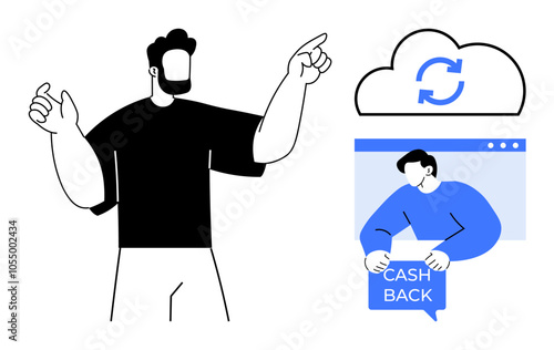 Man pointing at cloud with synchronization icon and person on computer holding cash back sign. Ideal for cashback, cloud computing, online services, technology use, web applications. Minimalist style