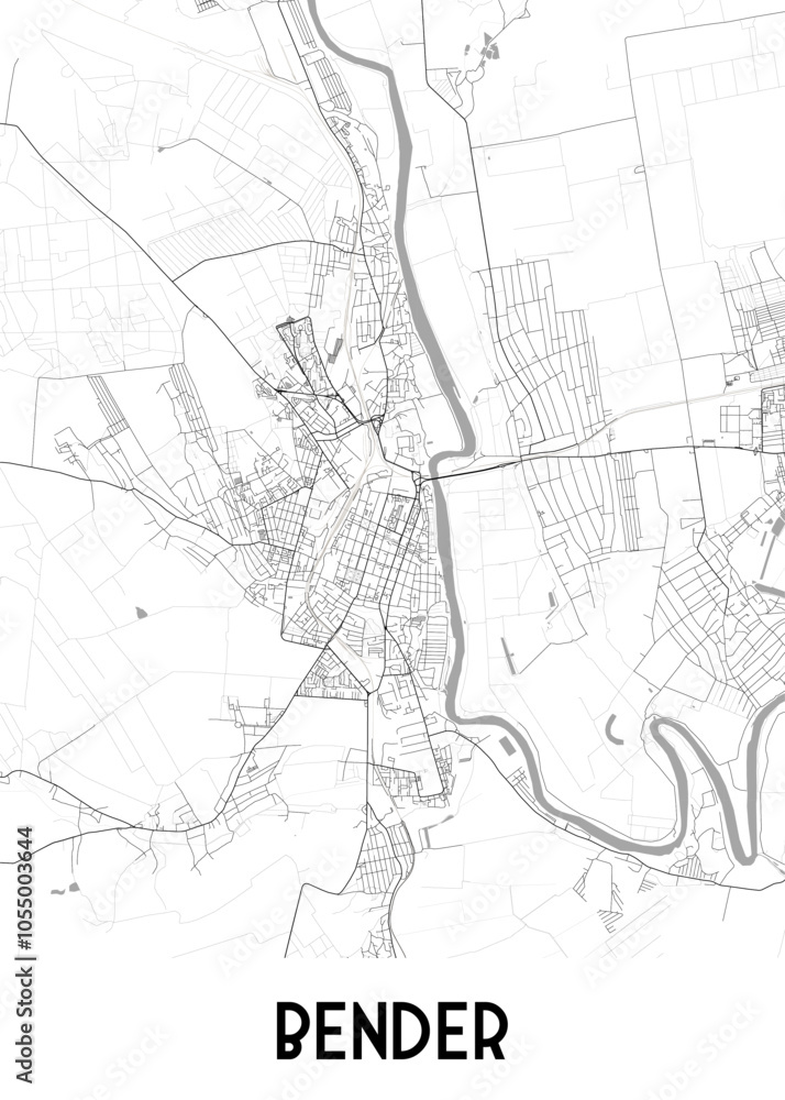 Obraz premium Map of Bender, a city located on the Dniester River. The map showcases the city's street network, including major roads and smaller streets, as well as the winding river that flows through it.