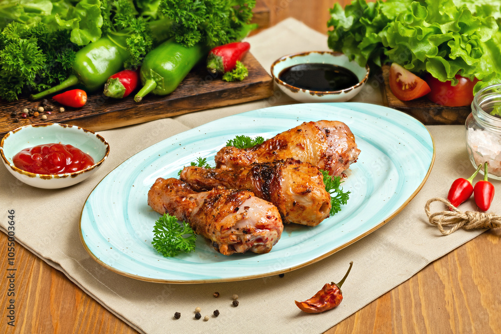 Grilled chicken drumsticks on a plate. Restaurant, Cafe, lunch. Grilled chicken drumsticks on a plate. Restaurant, Cafe, lunch.