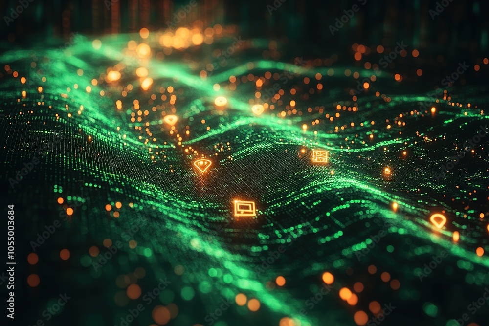 Obraz premium Abstract digital landscape with glowing icons.