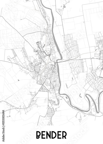 Map of Bender, a city located on the Dniester River. The map showcases the city's street network, including major roads and smaller streets, as well as the winding river that flows through it. 