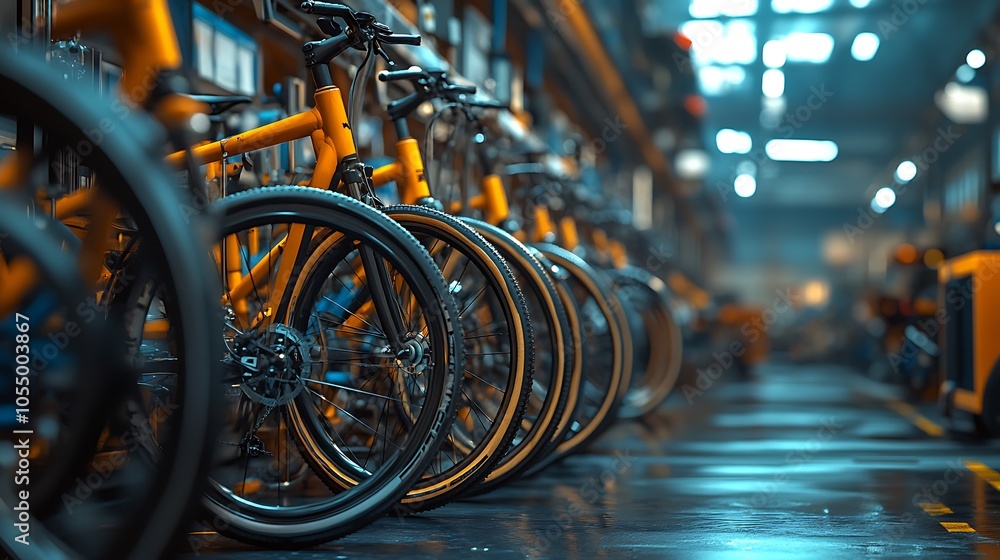 A row of yellow bicycles with black tires stand in a warehouse setting. A row of yellow bicycles with black tires stand in a warehouse setting.