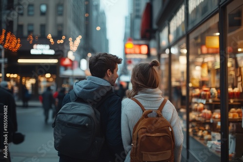 A young couple with backpacks enjoy the bustling city street. They are window shopping, sharing a moment of togetherness amidst the urban background and lights.