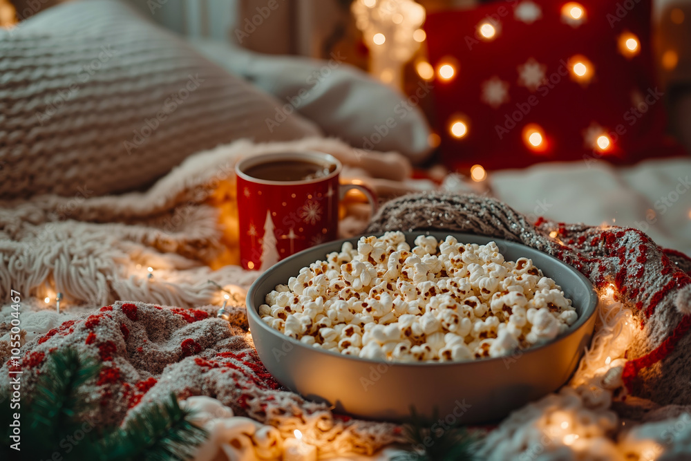 A bowl of popcorn on a bed with Christmas lights and a red blanket A bowl of popcorn on a bed with Christmas lights and a red blanket