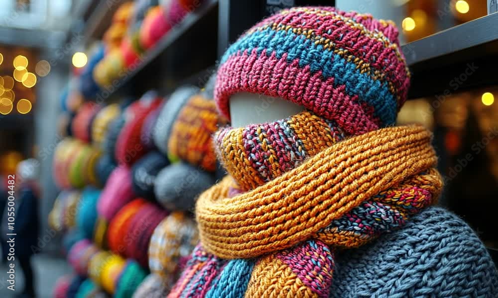 A mannequin wearing a colorful knitted hat and scarf against yarn. A mannequin wearing a colorful knitted hat and scarf against yarn.