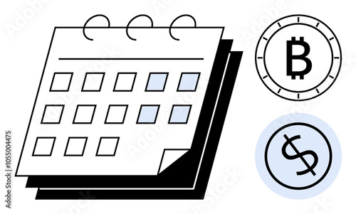 Calendar with highlighted dates, Bitcoin symbol, and dollar sign symbol in circles. Ideal for financial planning, digital transactions, cryptocurrency events, budgeting, scheduling, economic