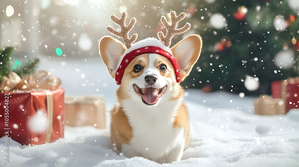 Cute Dog in Reindeer Antlers Celebrates Christmas Cute Dog in Reindeer Antlers Celebrates Christmas