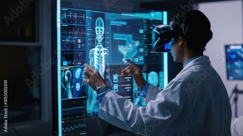 Doctor using VR headset to interact with virtual human anatomy on screen