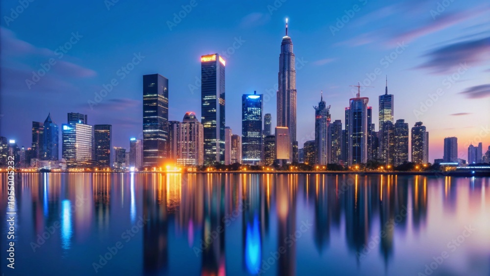 Fototapeta premium A stunning cityscape skyline with skyscrapers reflected in the water at dusk.