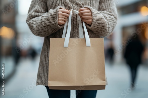 A person in a cozy sweater holds a shopping bag while standing in a bustling urban area, capturing a moment of fashion and lifestyle shopping in the city. photo