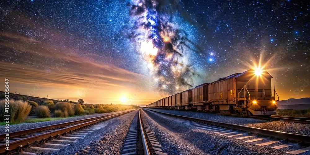 Fototapeta premium A freight train traverses a desolate landscape, guided by a celestial beacon amidst a tapestry of stars and a glowing twilight sky.