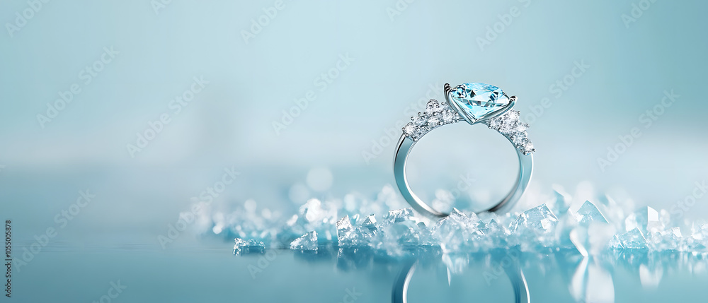 A tight shot of a diamond ring atop a blue backdrop, featuring ice crystals in the near vicinity and a gentle, light blue surround A tight shot of a diamond ring atop a blue backdrop, featuring ice crystals in the near vicinity and a gentle, light blue surround