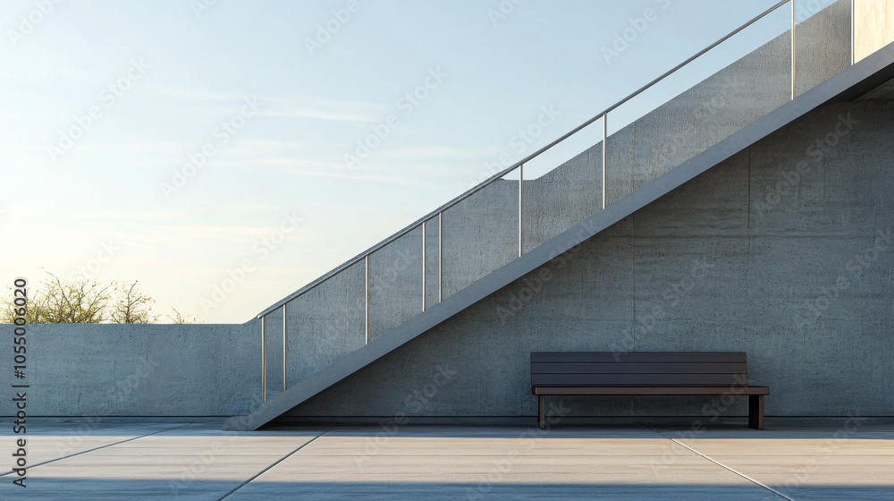 Obraz premium Modern architecture with concrete stairs and a wooden bench in a tranquil outdoor space