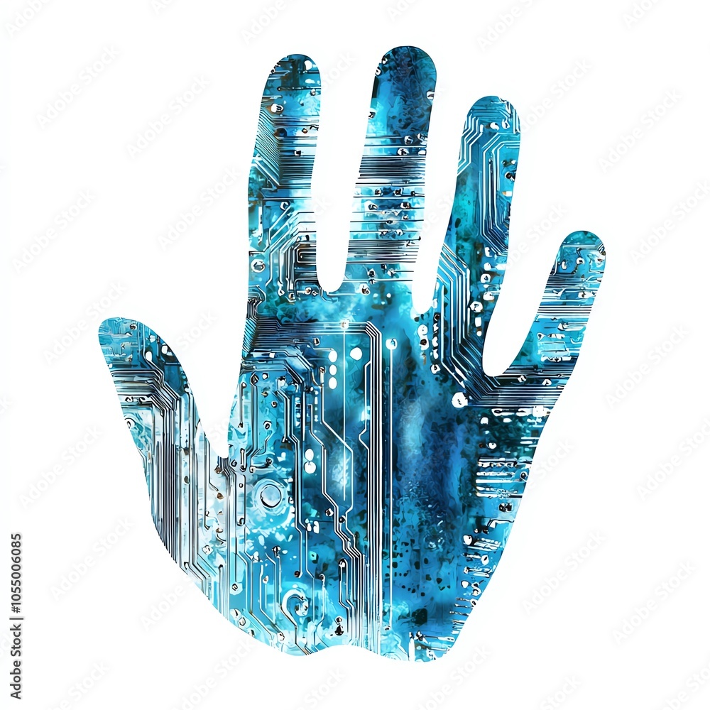 Fototapeta premium Futuristic hand silhouette with circuitry pattern, digital art, white background.