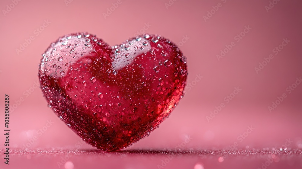 Obraz premium Red Heart Covered in Water Droplets on Pink Surface