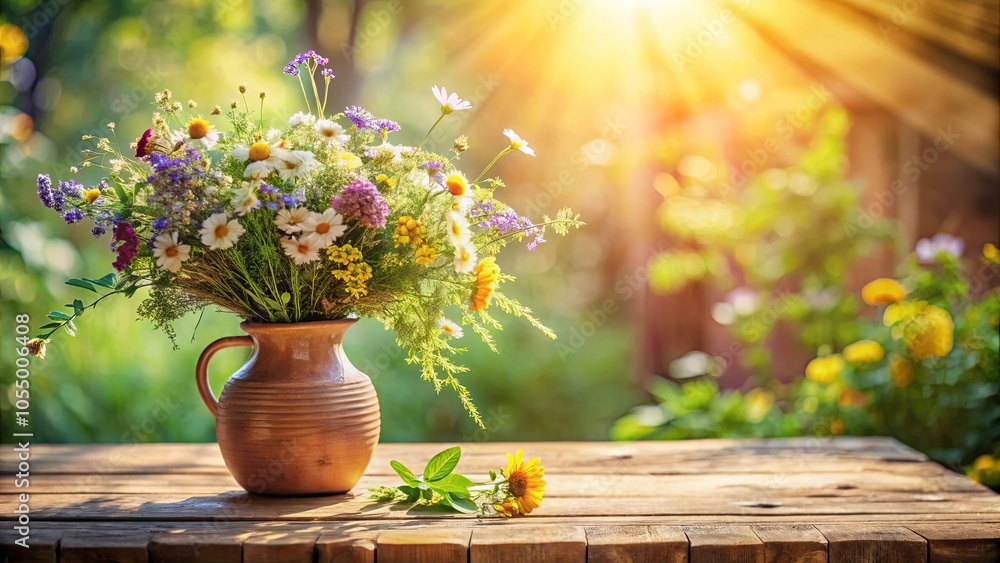 A Rustic Pitcher Filled with Vibrant Wildflowers, Bathed in Golden Sunlight, Creates a Charming Summer Scene on a Wooden Table A Rustic Pitcher Filled with Vibrant Wildflowers, Bathed in Golden Sunlight, Creates a Charming Summer Scene on a Wooden Table