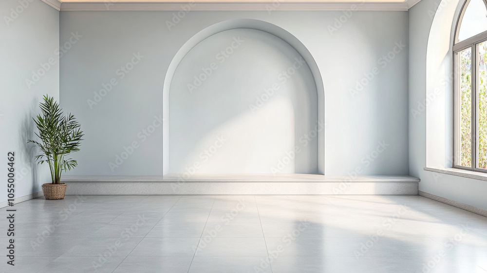 Elegant minimalist interior design featuring soft blue walls and a potted plant in sunlight Elegant minimalist interior design featuring soft blue walls and a potted plant in sunlight