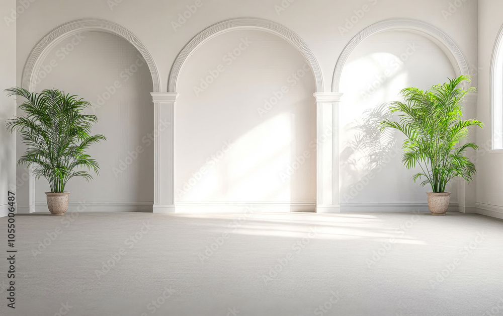 Fototapeta premium Elegant interior space with arched openings and tropical plants in natural light
