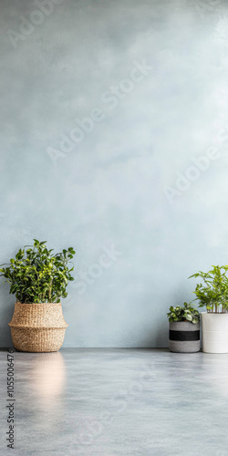 Indoor plants in decorative pots against a light blue wall, creating a serene and stylish space